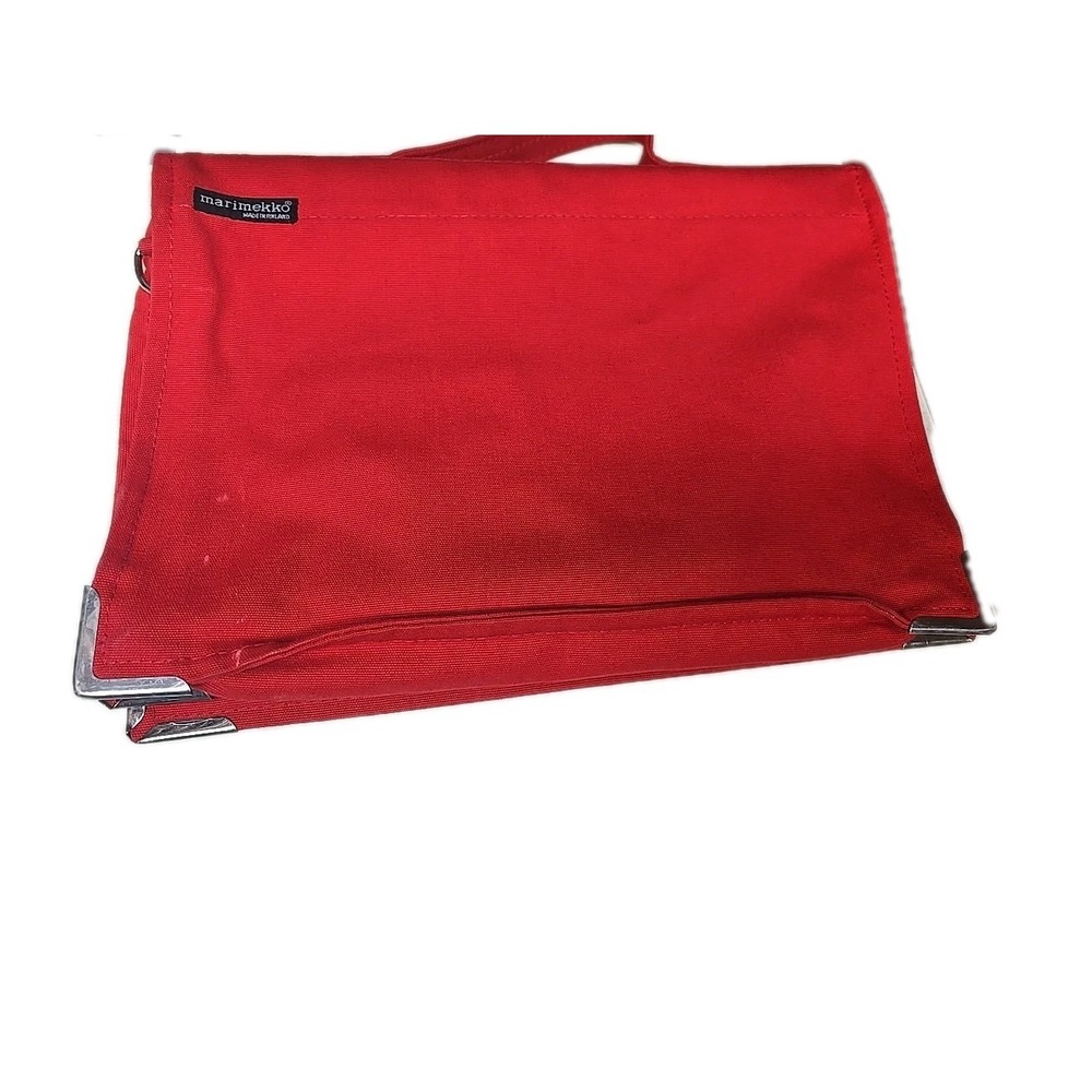 Vtg Marimekko Red Canvas Messenger Bag Briefcase Made in Finland Metal Corner - Picture 8 of 10